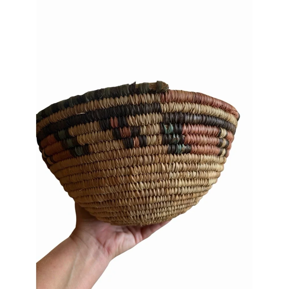 Hand Made Woven Bowl Natural Dyed Fiber Color Patten 11in/5in/5.5in Rustic Vtg
